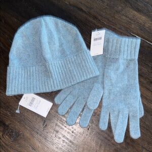NWT J.Jill Cashmere Cuffed Gloves & Hat - Dusty Teal Heather